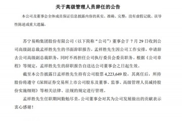 苏宁易购孟祥胜辞任高级副总裁职务